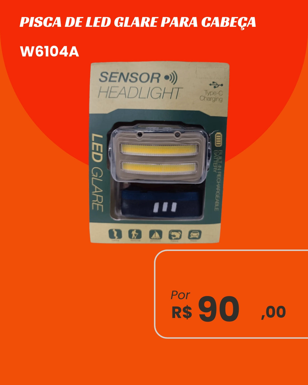 Lanterna de Cabeça LED Glare W6104A - Sensor de Movimento e USB-C