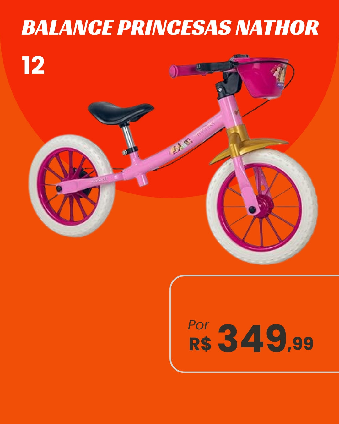 Bicicleta de Equilíbrio Nathor Balance Princesas Aro 12 Sem Pedal Licenciada Disney
