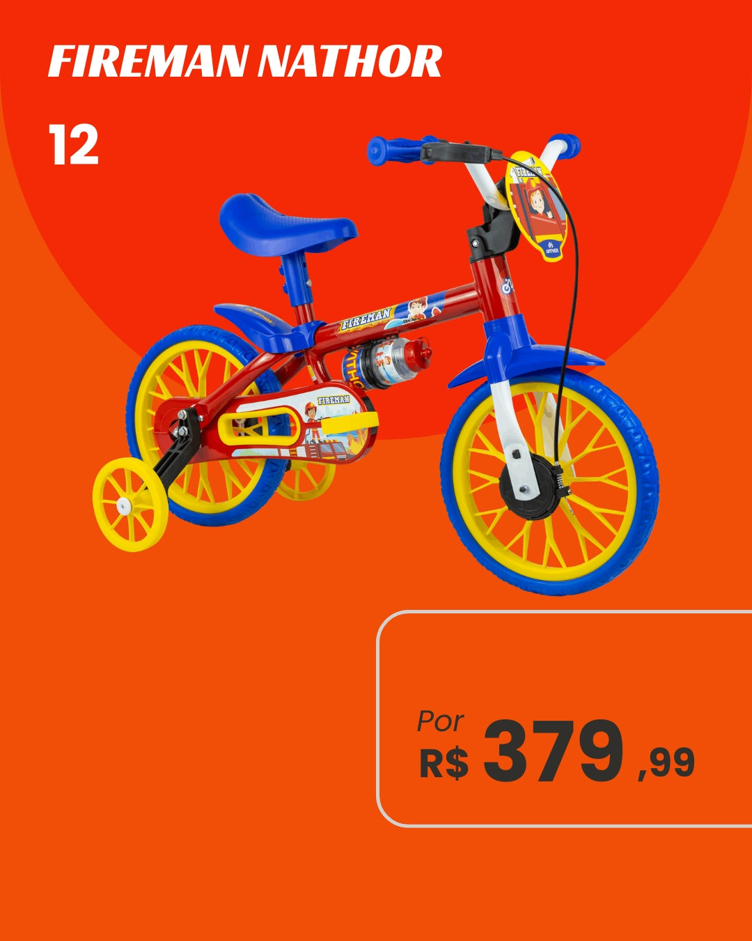 Bicicleta Nathor Fireman Aro 12 Infantil Masculina com Rodinhas Tema Bombeiro