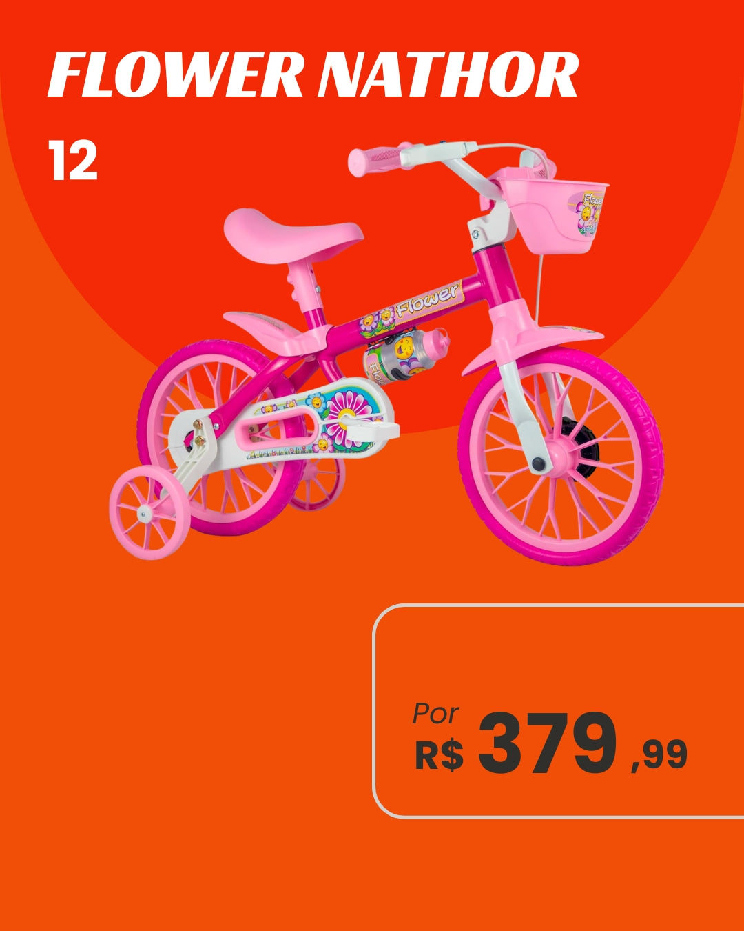 Bicicleta Nathor Flower Aro 12 Infantil Feminina com Rodinhas e Cestinha