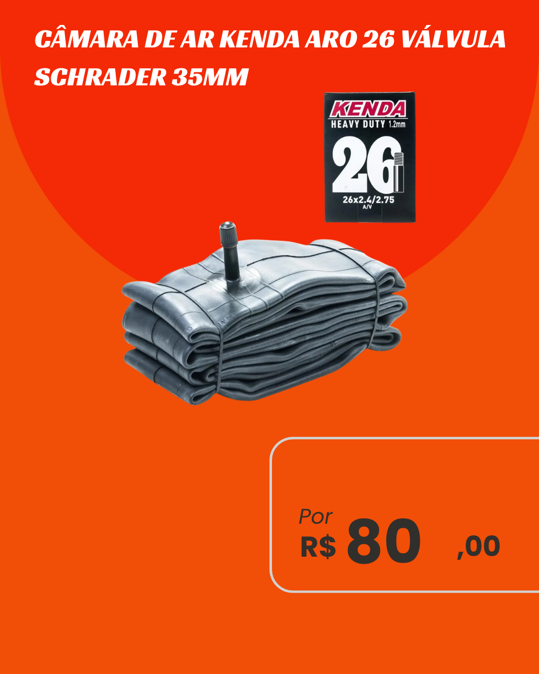 Câmara de Ar Bicicleta 26 Kenda Heavy Duty 1.2mm Bico Grosso - 2.4 a 2.75
