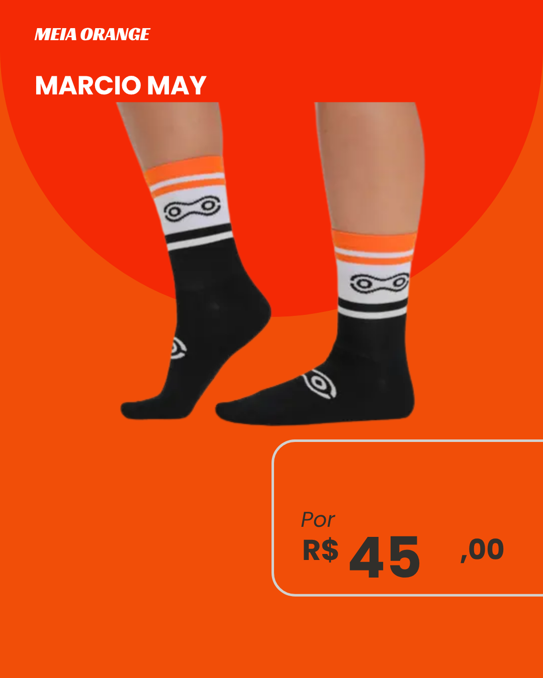 Meia de Ciclismo Marcio May Orange Laranja Preta e Branca - Par lateral