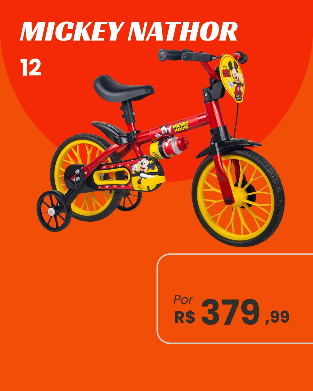 Bicicleta Nathor Mickey Mouse Aro 12 Infantil Masculina com Rodinhas Licenciada Disney