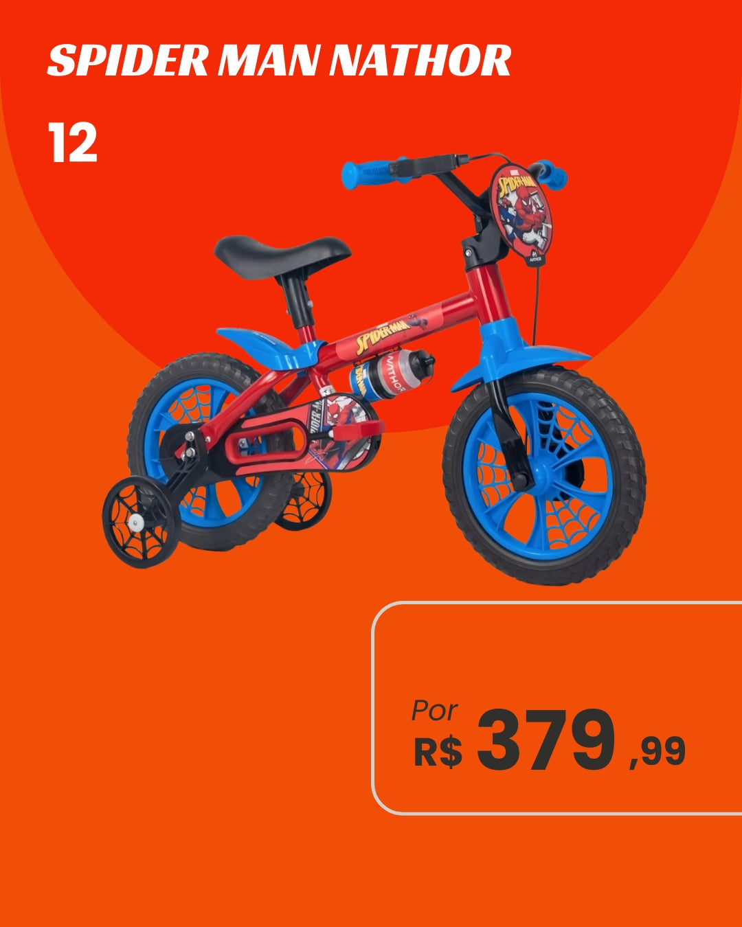 Bicicleta Nathor Spider-Man Aro 12 Infantil Masculina com Rodinhas Licenciada Marvel