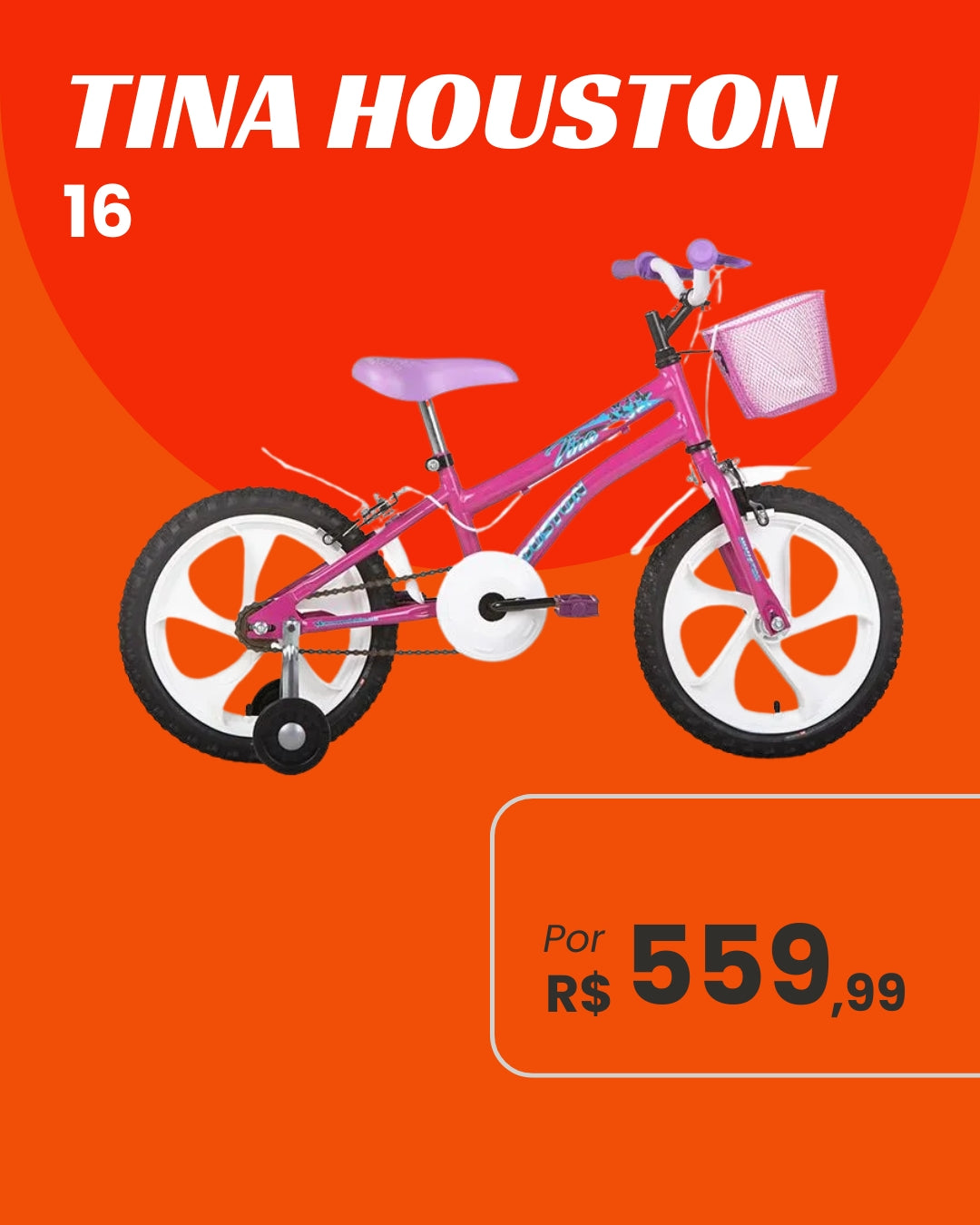 Bicicleta Houston Tina Aro 16 Infantil Feminina com Rodinhas e Cestinha
