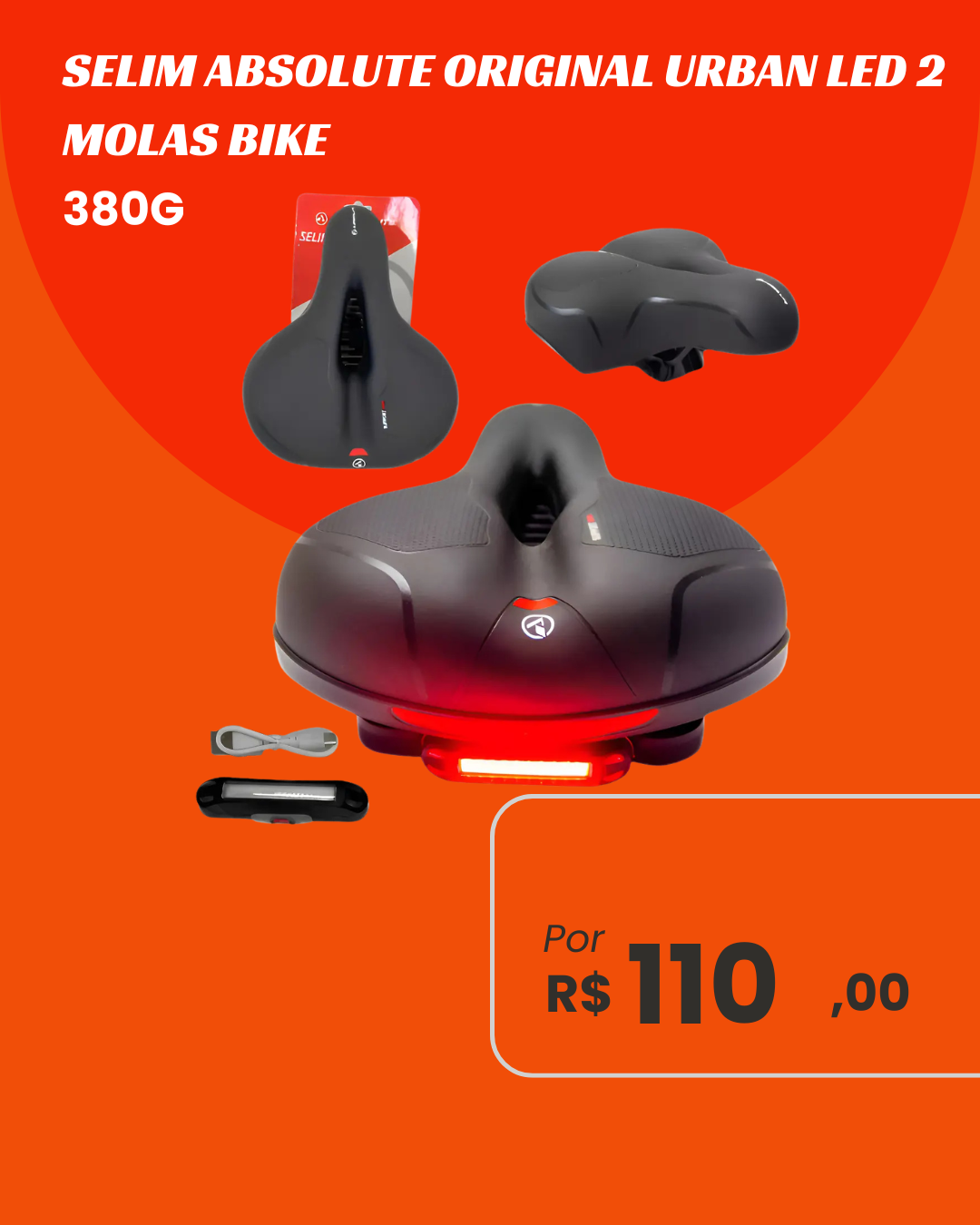 Selim Absolute Urban LED 2 Molas - Amortecimento e Sinalização USB 380g