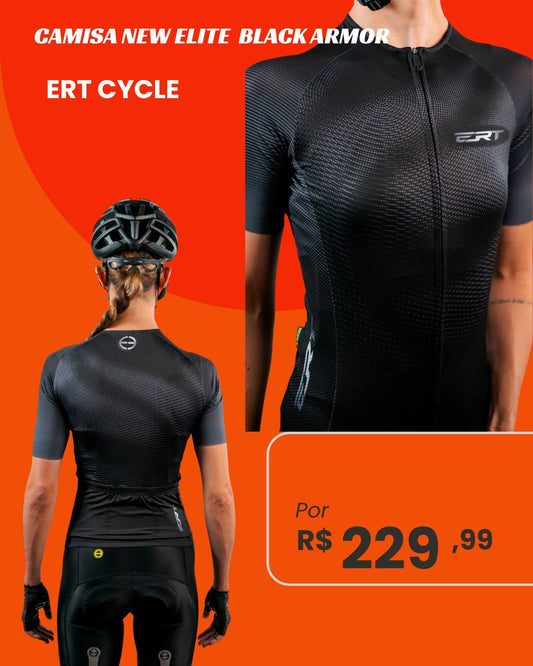 Camisa de Ciclismo ERT Cycle New Elite Black Armor Manga Curta - frente e costas