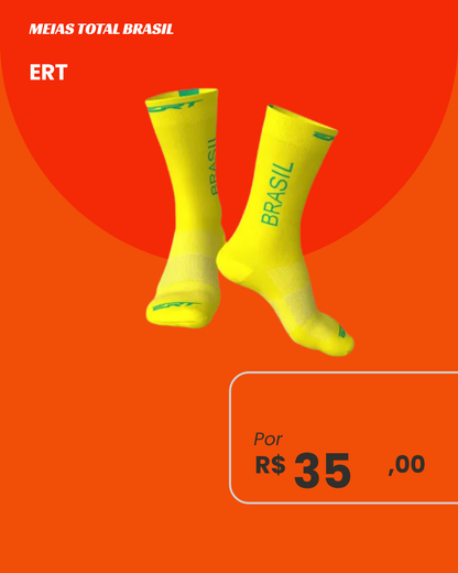 Meia de Ciclismo ERT Total Brasil Amarela Fluo com grafia BRASIL verde