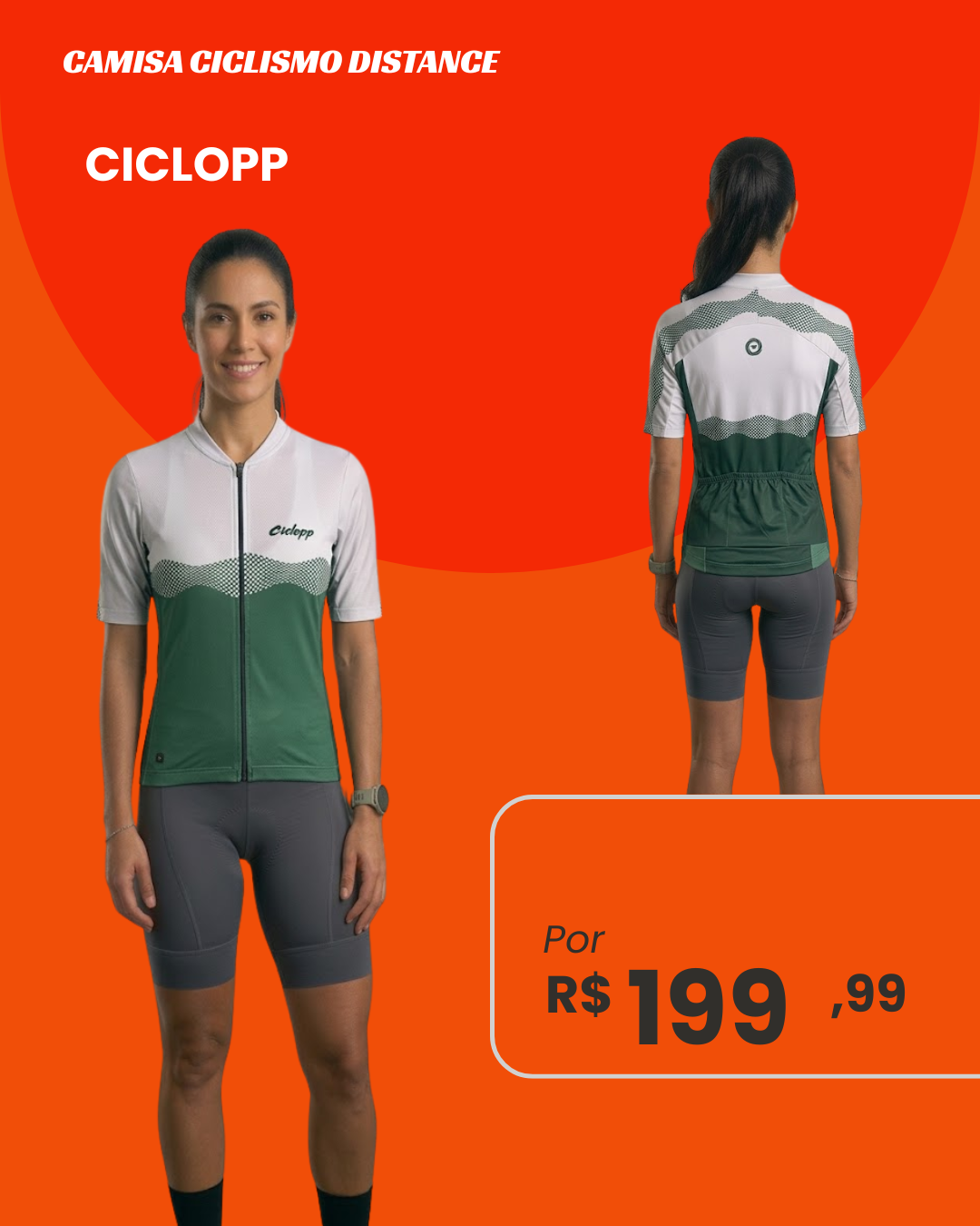 Camisa de Ciclismo Ciclopp Distance Verde e Branca Manga Curta - frente e costas