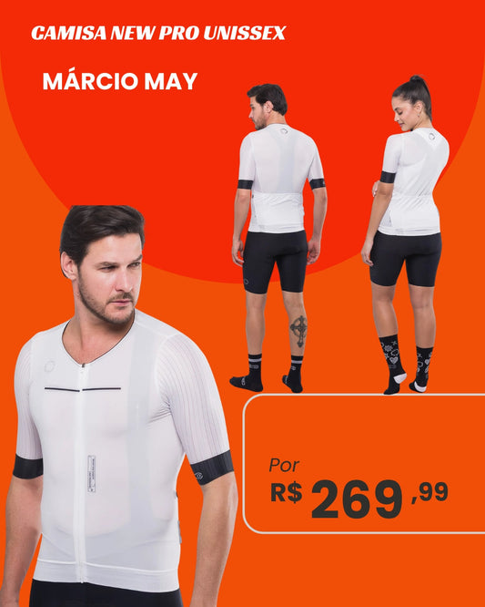 Camisa de Ciclismo Marcio May New Pro Unissex Branca - frente e costas