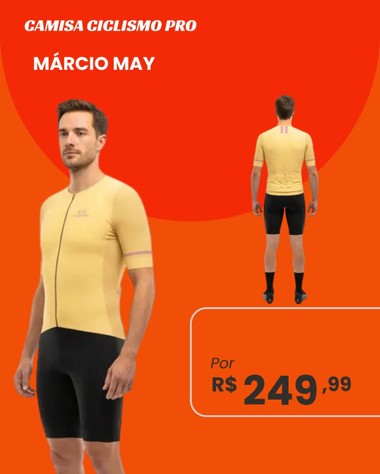 Camisa de Ciclismo Marcio May Pro Amarela com Detalhes Rosa - frente e costas