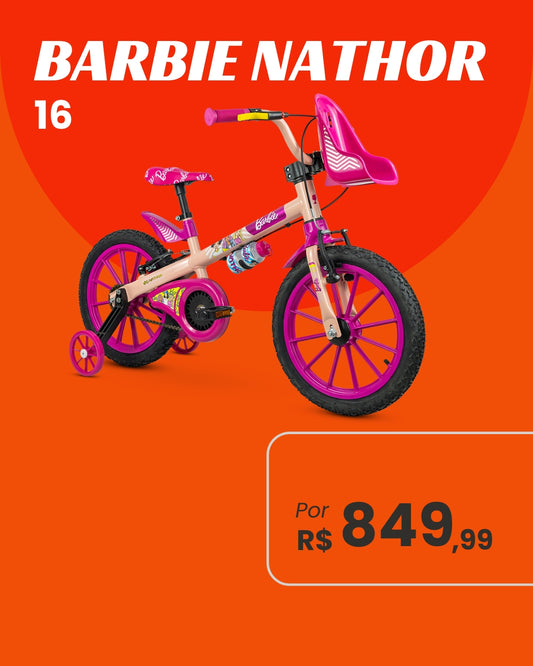 Bicicleta Nathor Barbie Aro 16 Infantil Feminina com Rodinhas e Squeeze