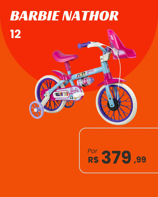 Bicicleta Nathor Barbie Aro 12 Infantil Feminina com Rodinhas e Cadeirinha de Boneca