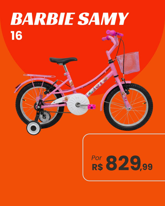 Bicicleta Samy Barbie Aro 16 Infantil Feminina com Rodinhas e Cestinha