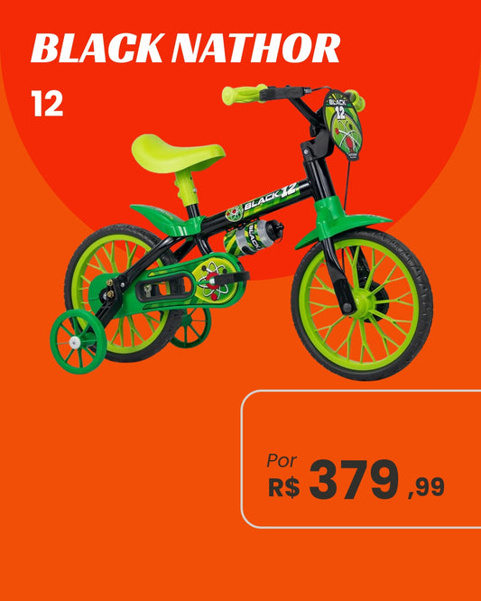 Bicicleta Nathor Black Aro 12 Infantil Unissex com Rodinhas Preto e Verde Neon