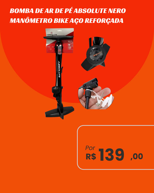 Bomba de Ar de Pé Absolute Nero com Manômetro em Aço Reforçada 160 PSI