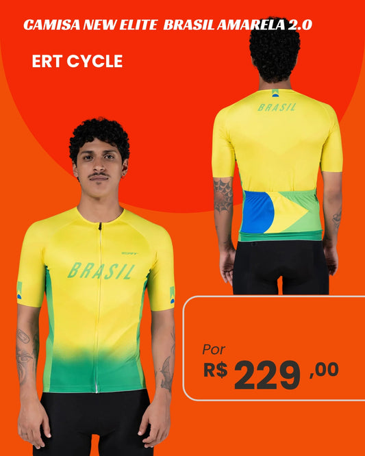 Camisa de Ciclismo ERT Cycle New Elite Brasil Amarela 2.0 Manga Curta - frente e costas