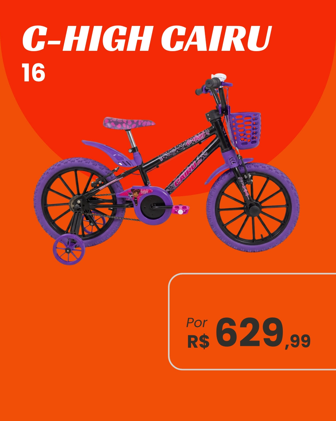 Bicicleta Cairu C-High Aro 16 Infantil Feminina com Rodinhas e Cestinha