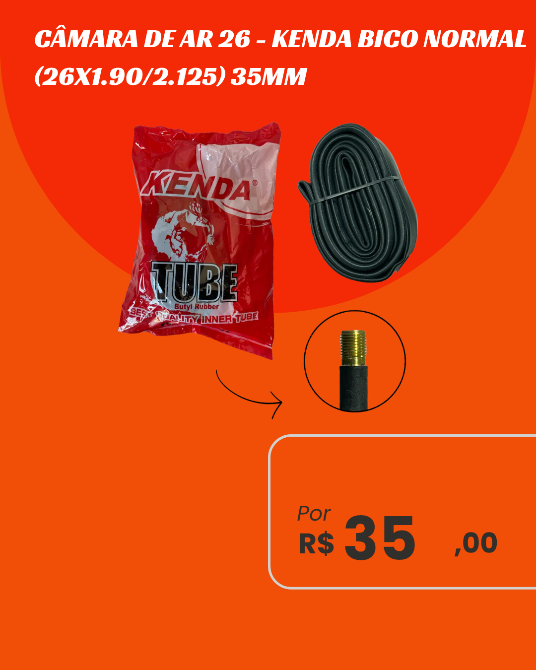 Câmara de Ar Bicicleta 26 Kenda Válvula Schrader 35mm - Bico Normal