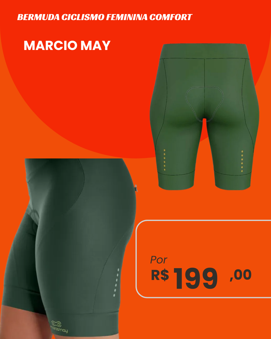 Bermuda de Ciclismo Feminina Marcio May Comfort Verde Militar - frente e costas