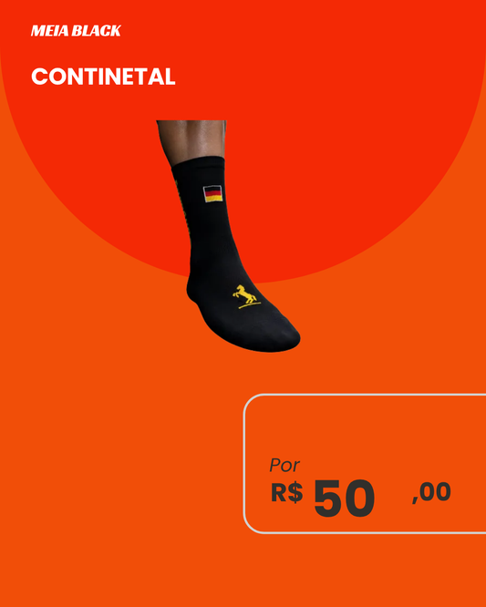Meia de Ciclismo Continental Black Preta - Vista lateral com logo cavalo