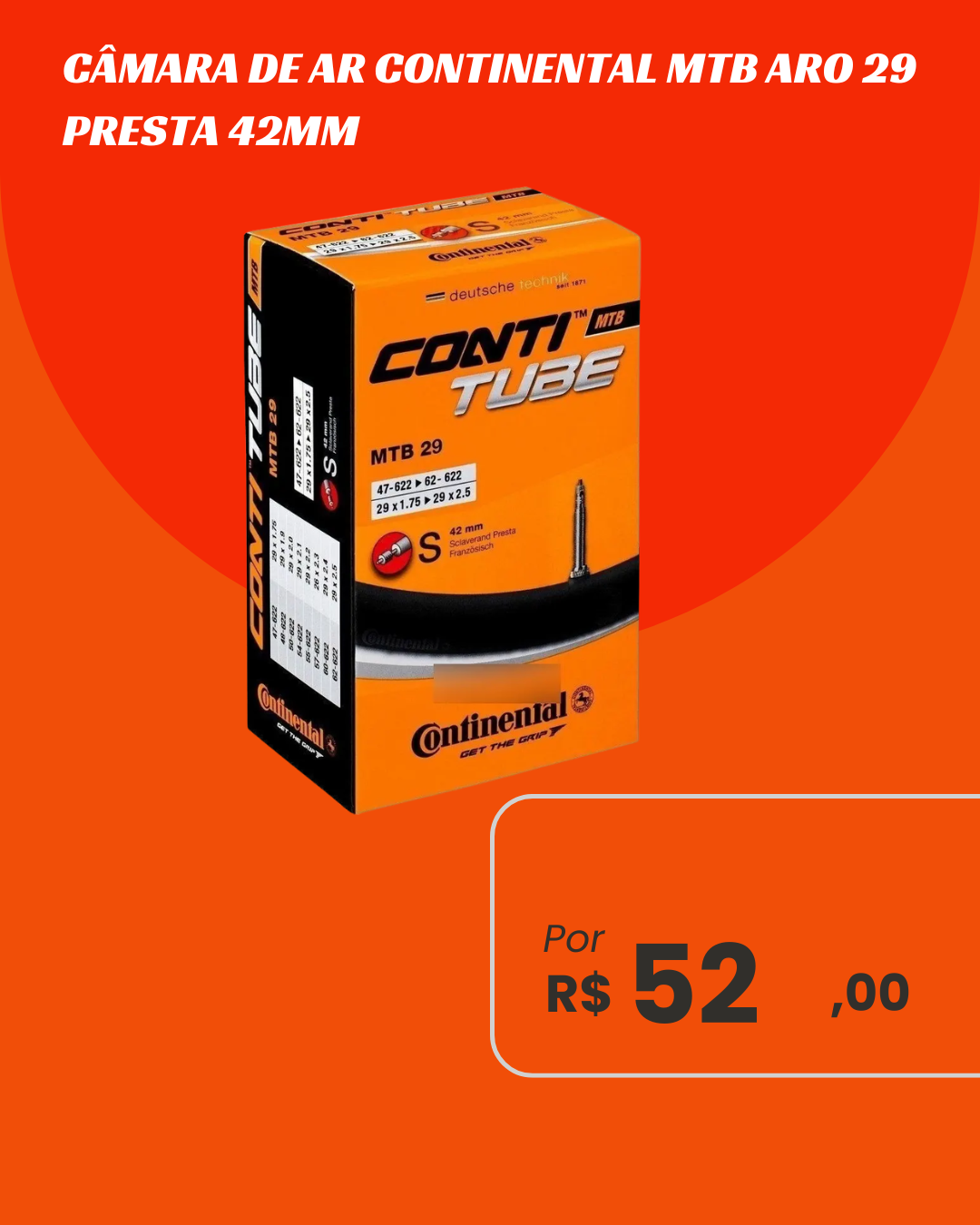 Câmara de Ar MTB Aro 29 Continental Válvula Presta 42mm