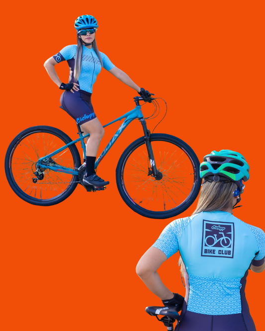 Macaquinho de Ciclismo Feminino Ciclopp Engrenagem Rosa e Chumbo - frente e costas