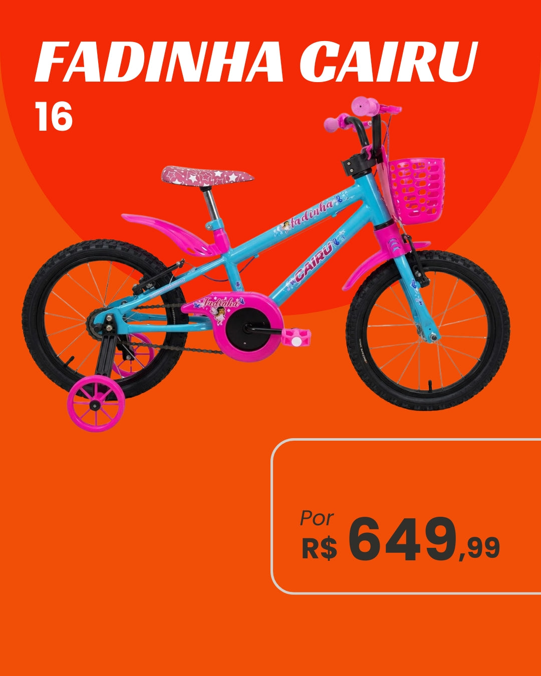 Bicicleta Cairu Fadinha Aro 16 Infantil Feminina com Rodinhas e Cestinha