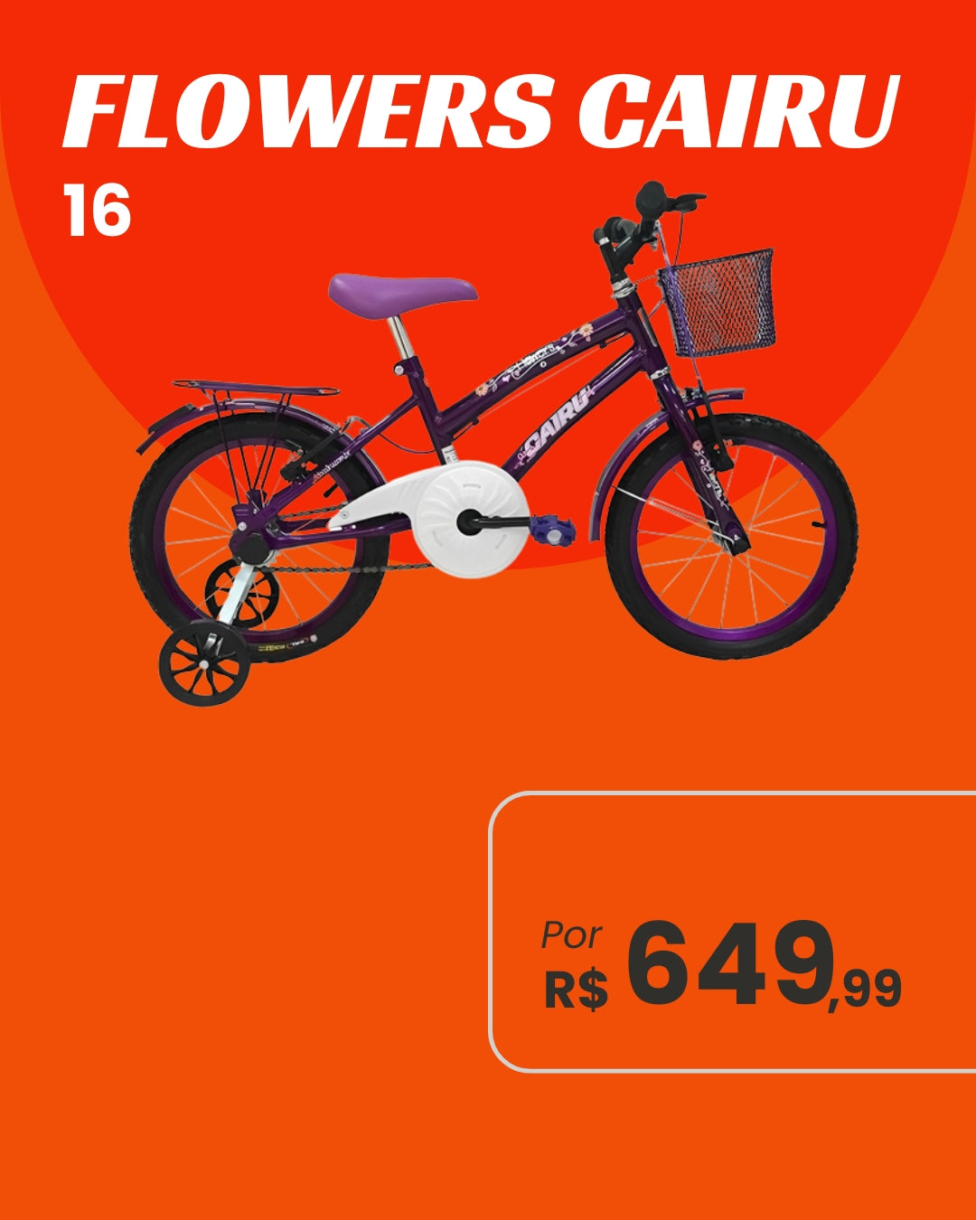 Bicicleta Cairu Flowers Aro 16 Infantil Feminina com Rodinhas e Cestinha