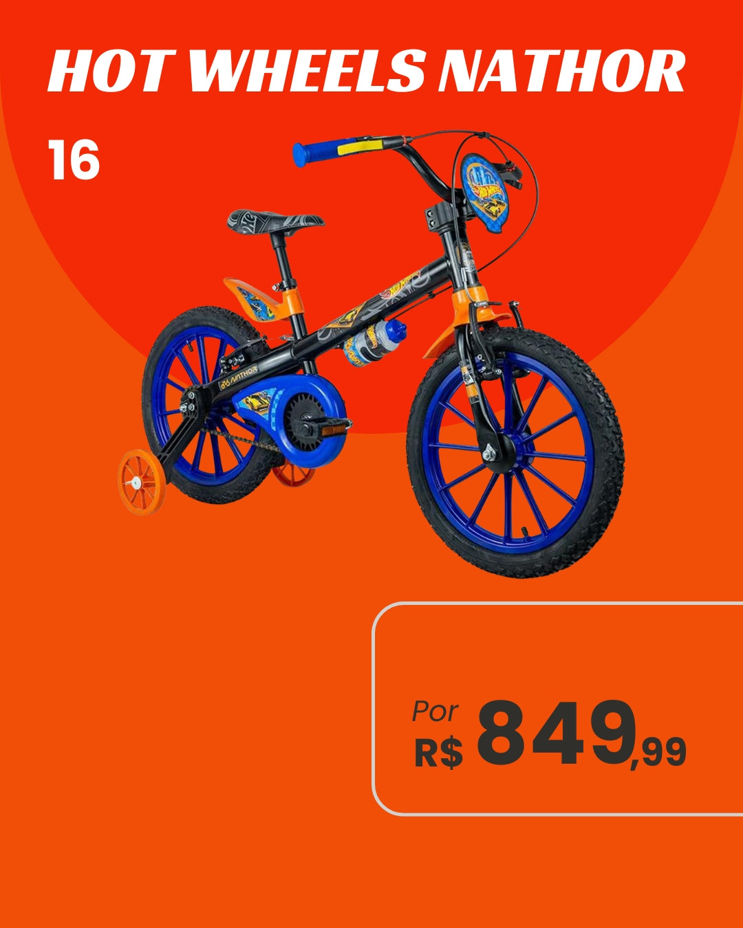 Bicicleta Hot Wheels Nathor Aro 16 Infantil Masculina com Rodinhas