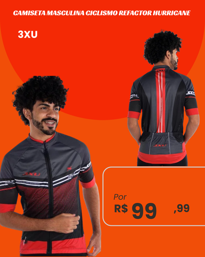 Camiseta Masculina de Ciclismo Refactor Hurricane Preta e Vermelha - frente e costas