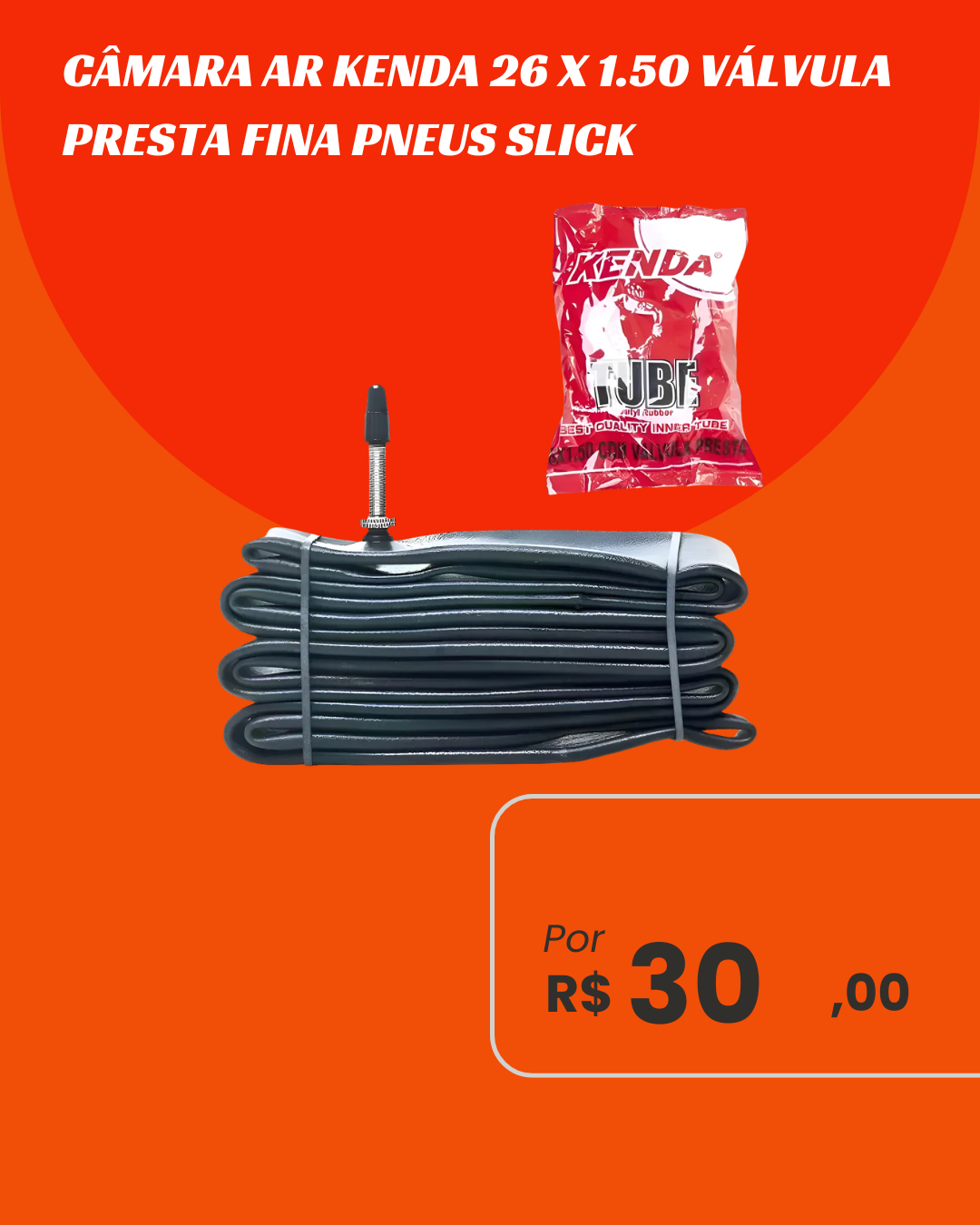 Câmara de Ar Bicicleta 26x1.50 Kenda Válvula Presta Fina para Pneu Slick
