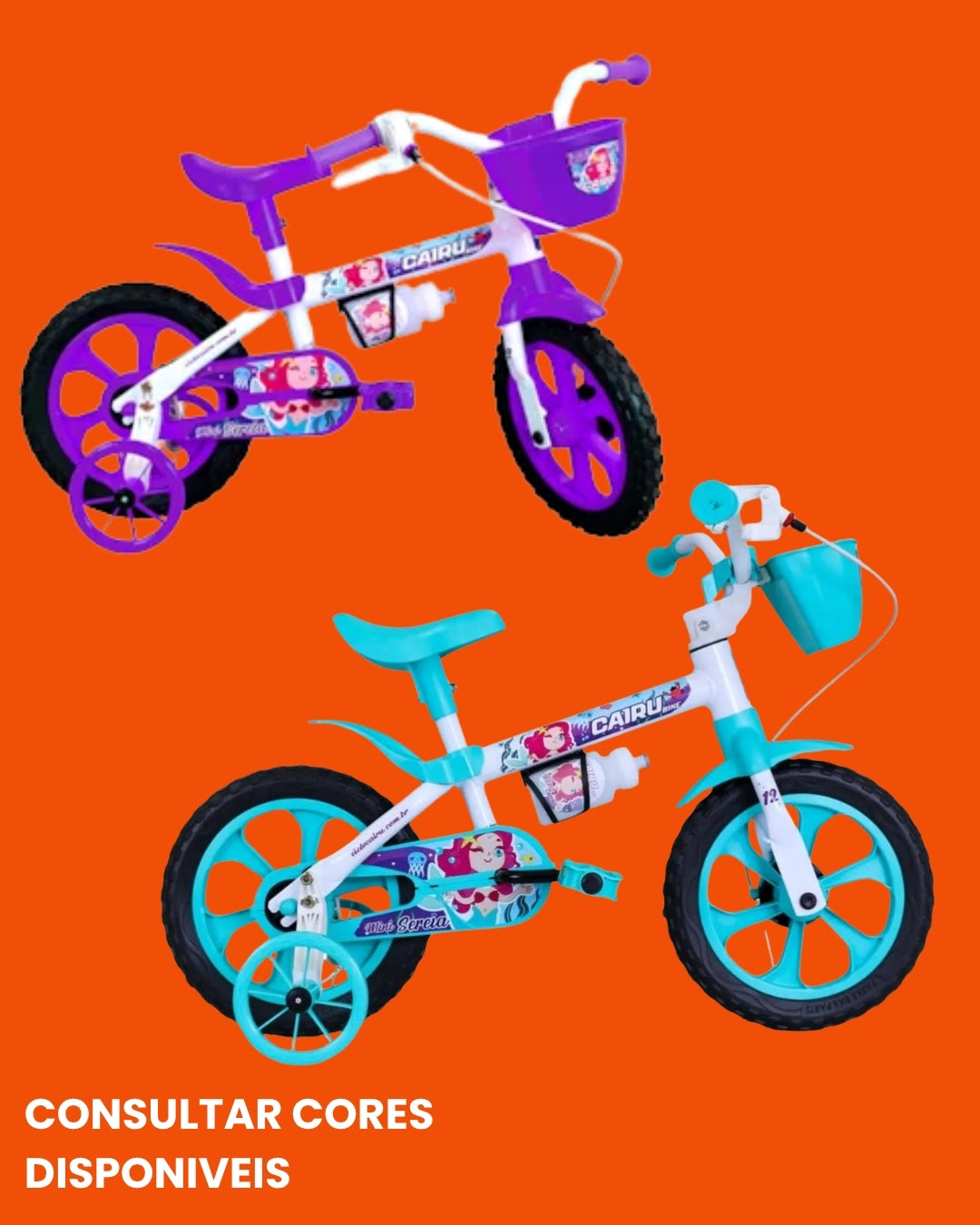 Bicicleta Cairu Mini Sereia Aro 12 Infantil Feminina com Rodinhas Várias Cores
