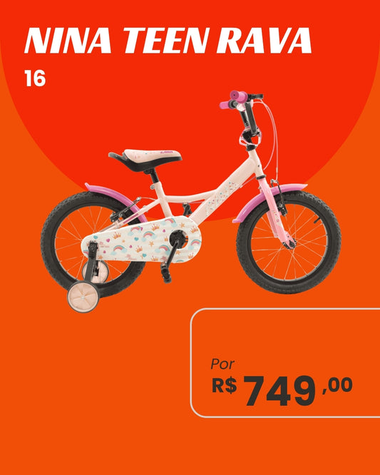 Bicicleta Rava Nina Teen Aro 16 Infantil Feminina com Rodinhas Grafismo Moderno