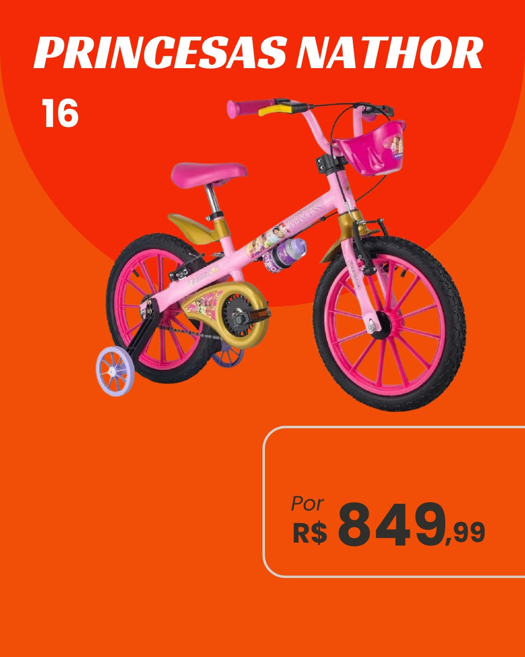 Bicicleta Nathor Princesas Disney Aro 16 Infantil Feminina com Rodinhas e Cadeirinha