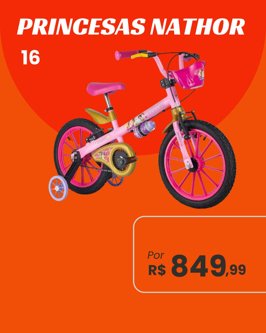 Bicicleta Nathor Princesas Disney Aro 16 Infantil Feminina com Rodinhas e Cadeirinha