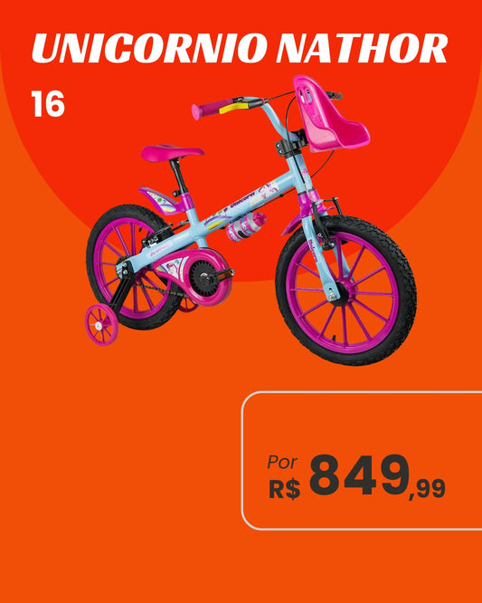Bicicleta Nathor Unicórnio Aro 16 Infantil Feminina com Rodinhas e Squeeze
