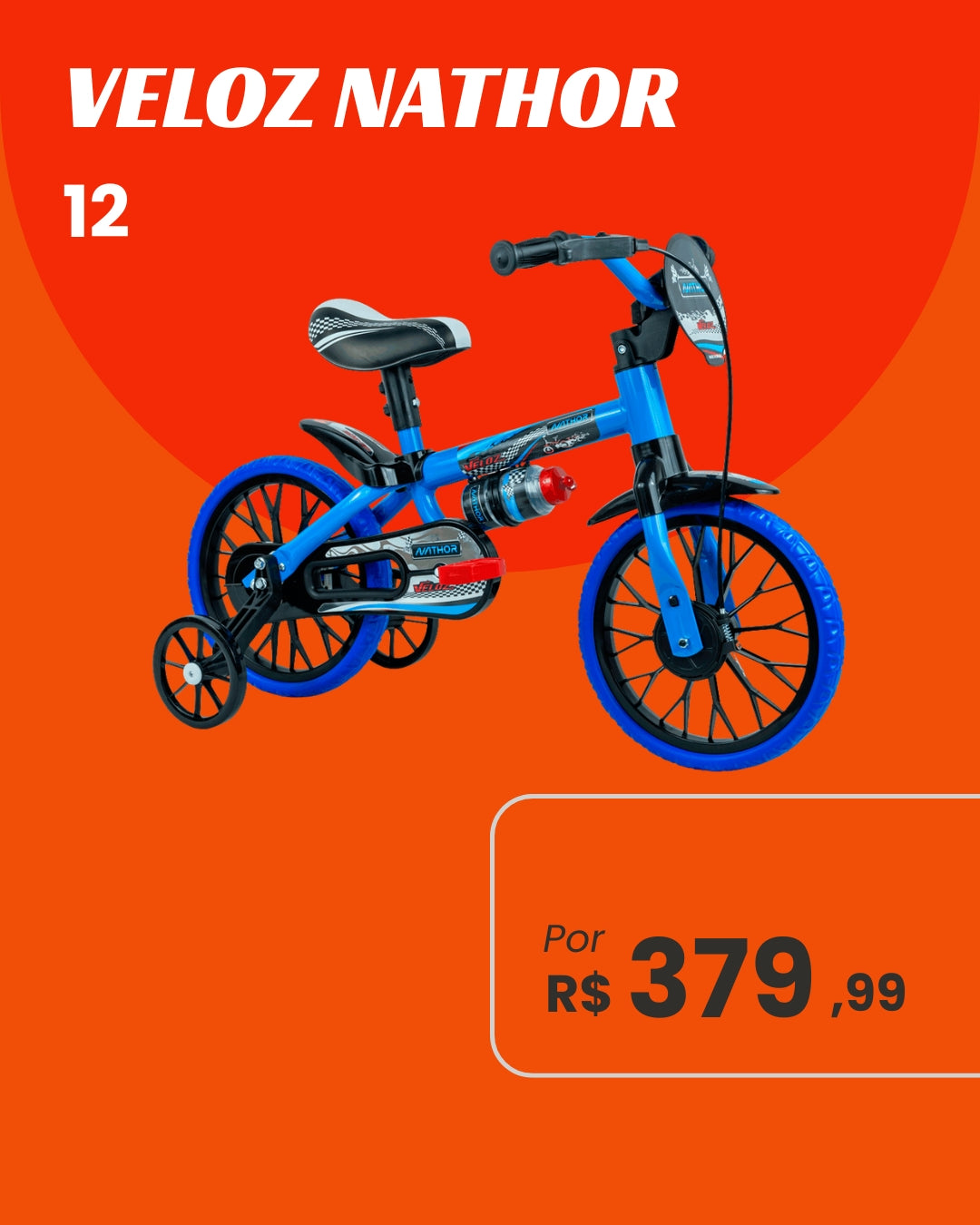 Bicicleta Nathor Veloz Aro 12 Infantil Masculina com Rodinhas e Placa Frontal